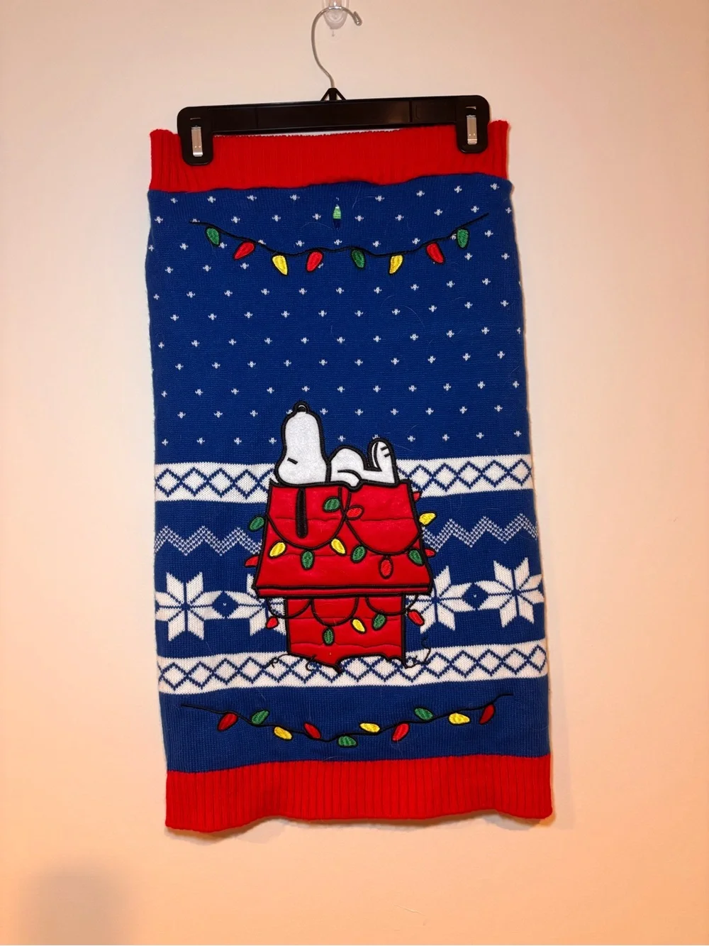 Peanuts Blue and Red Holiday Knit Dog Sweater with Snoopy